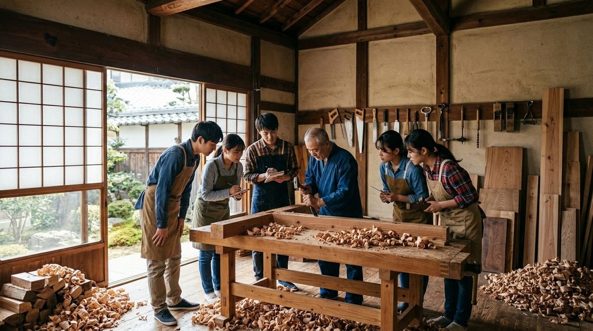 An older carpenter showing five young apprentices a timber joint in an old Japanese workshop.
