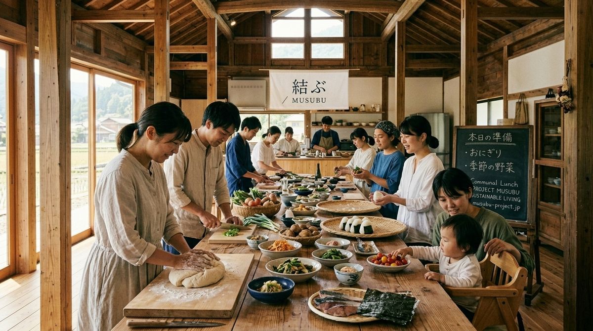 A long wooden table in a timber-framed hall, people of several ages preparing lunch together, a 結ぶ banner on the wall.