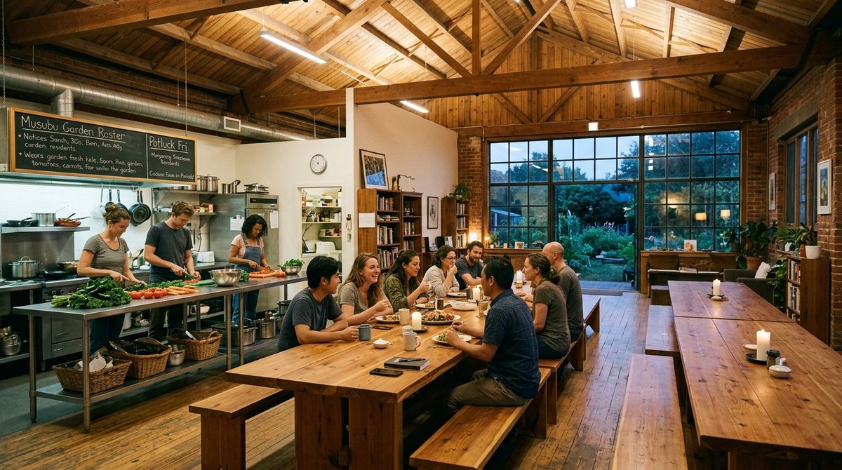 A timber-framed shared kitchen at dusk; people cooking and eating together, a garden roster on a chalkboard.