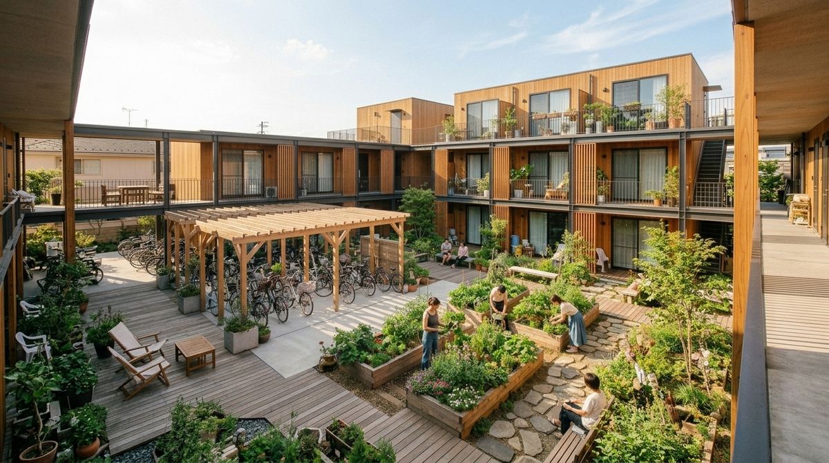The courtyard of a three-storey timber share house: raised garden beds, bicycles under a pergola, people on a deck. 木造シェアハウスの中庭。