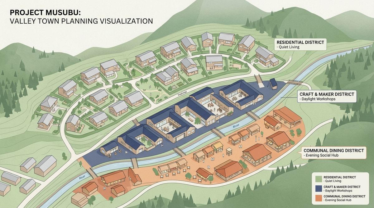 Bird's-eye drawing of a valley town with a quiet residential district, a craft and maker district and a communal dining district in different colours.